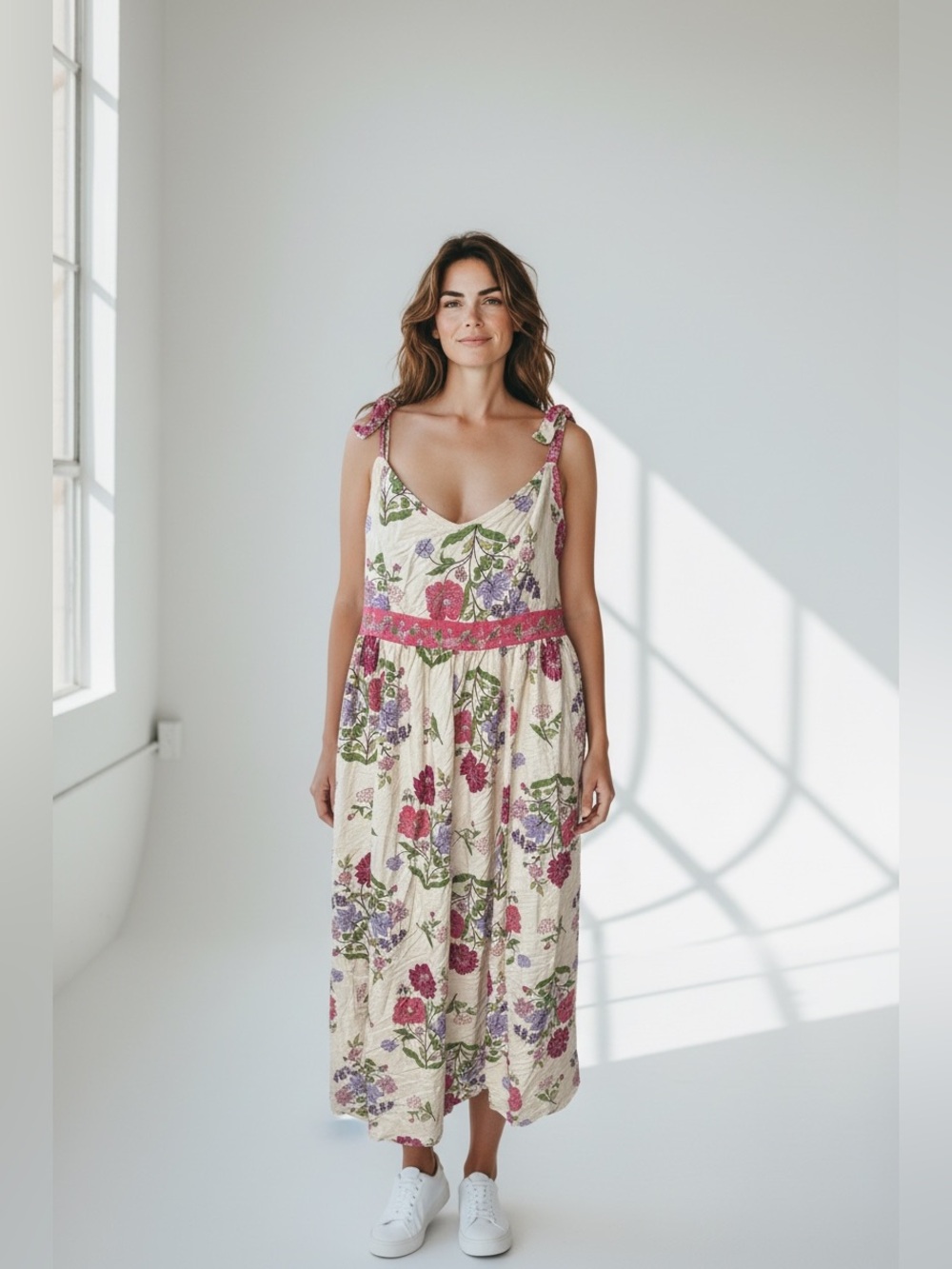 Patrons of Peace Floral Rayon Midi Dress Cottagecore Tie Strap Smocked Large